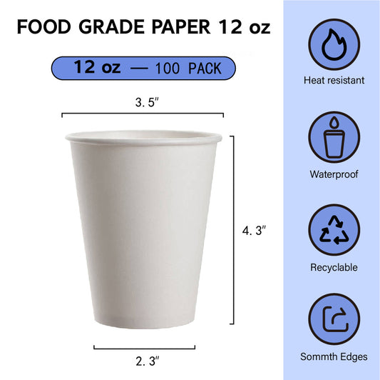 12oz Recyclable Paper Cups, White Hot Coffee Cups, 12 oz Paper Coffee Cups, Thickened