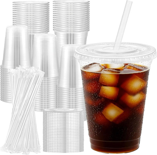 Coffee Cups with Flat Lids and Clear Straws, BPA Free Cup for Smoothie Juice Milkshake
